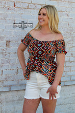 Load image into Gallery viewer, western blouse, western apparel, western boho, western aztec top, western top, western womens tops, womens western shirts, womens serape top, serape print top, western off the shoulder top, western wear, western wholesale apparel, womens western wholesale, cowgirl tops, western attire, western fashion, western clothing, western wholesale, wholesale clothing, womens western blouse, western popcorn top
