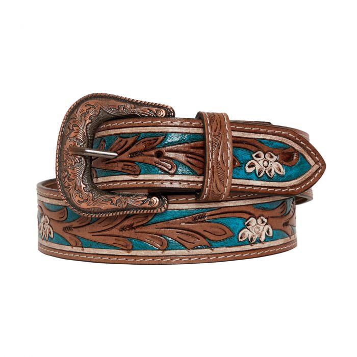 Turquoise Tooled Leather Feather Belt