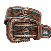 Load image into Gallery viewer, Turquoise Tooled Leather Feather Belt
